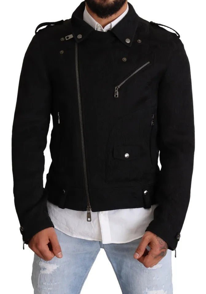 Dolce &amp; Gabbana Black Brocade Full Zip Biker Jacket