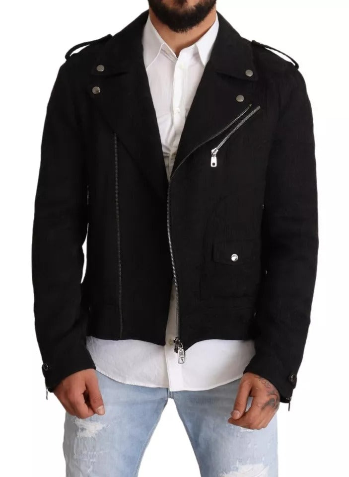 Dolce &amp; Gabbana Black Brocade Full Zip Biker Jacket