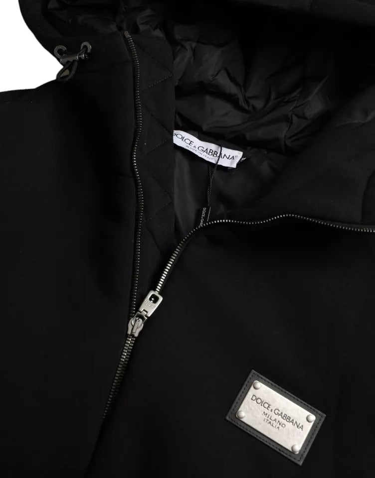 Dolce &amp; Gabbana Black Cotton Bomber Jacket with Logo Hood