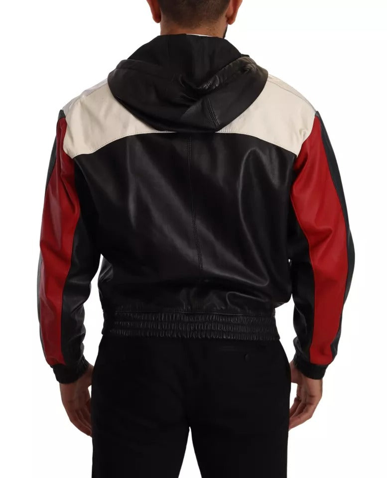 Dolce &amp; Gabbana Black Leather Blouson Jacket with Hood