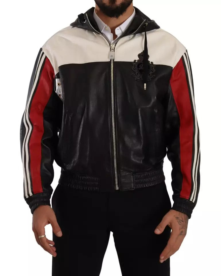 Dolce &amp; Gabbana Black Leather Blouson Jacket with Hood