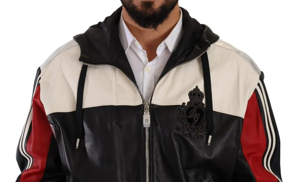 Dolce &amp; Gabbana Black Leather Blouson Jacket with Hood