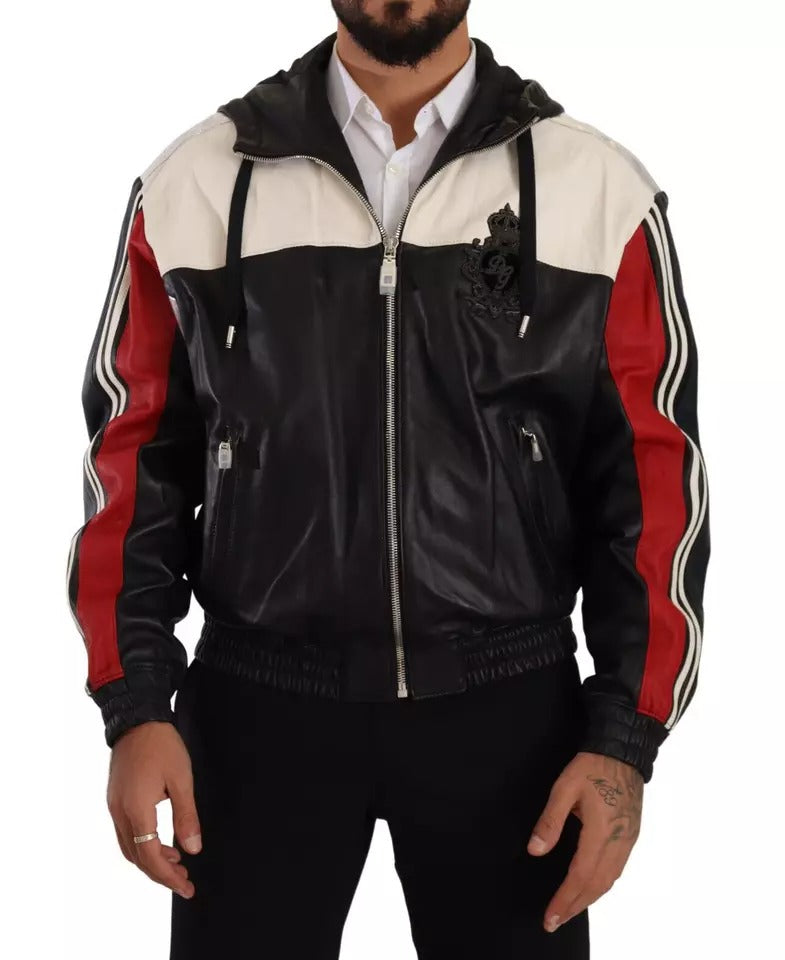 Dolce &amp; Gabbana Black Leather Blouson Jacket with Hood