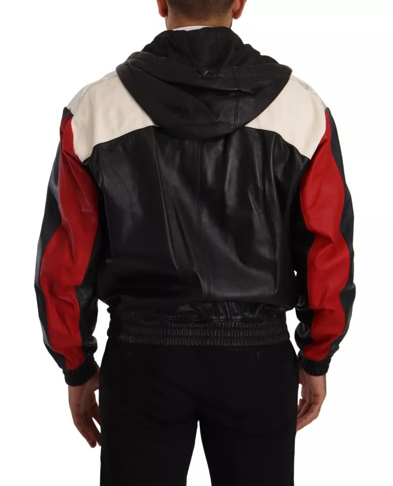 Dolce &amp; Gabbana Black Leather Blouson Jacket with Hood