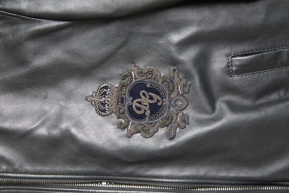 Dolce &amp; Gabbana Black leather jacket with logo embroidery and full zip