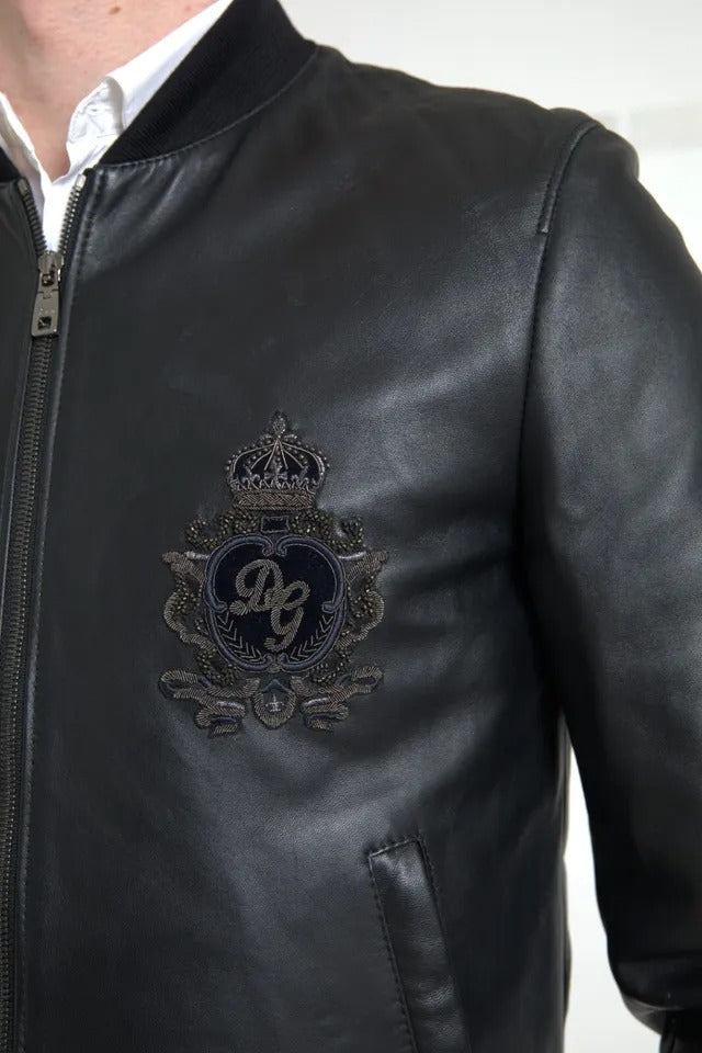 Dolce &amp; Gabbana Black leather jacket with logo embroidery and full zip