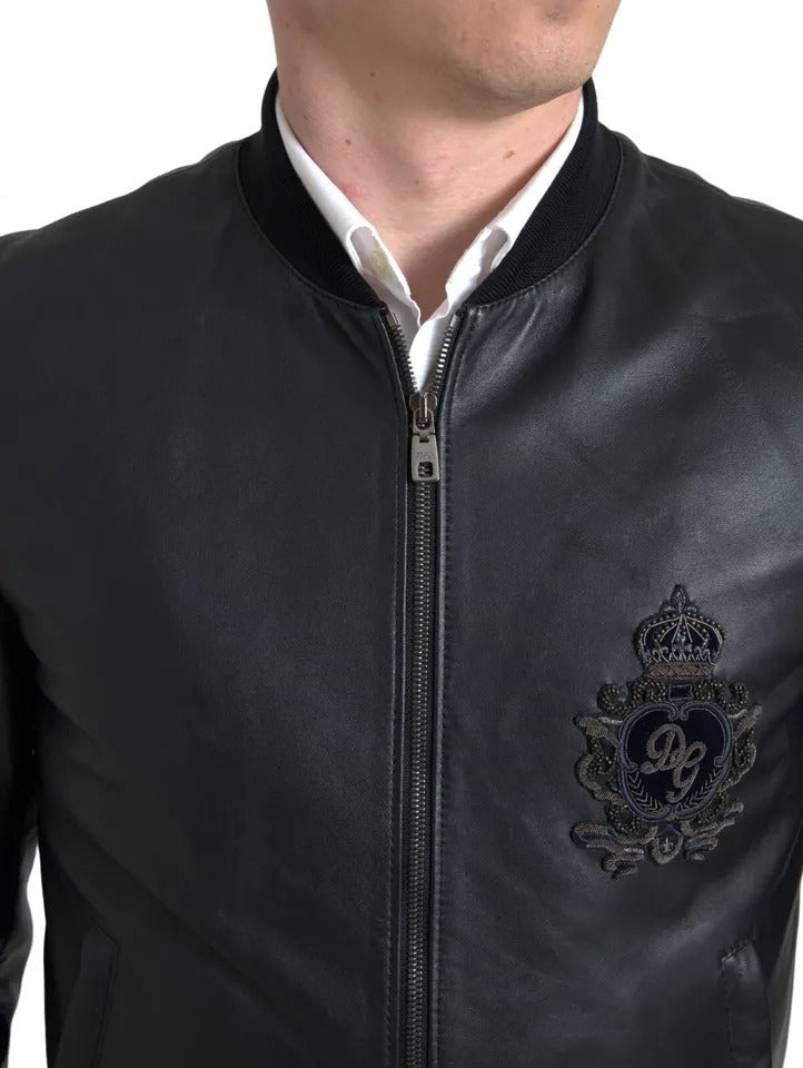 Dolce &amp; Gabbana Black leather jacket with logo embroidery and full zip