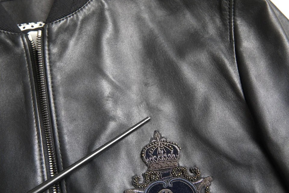 Dolce &amp; Gabbana Black leather jacket with logo embroidery and full zip