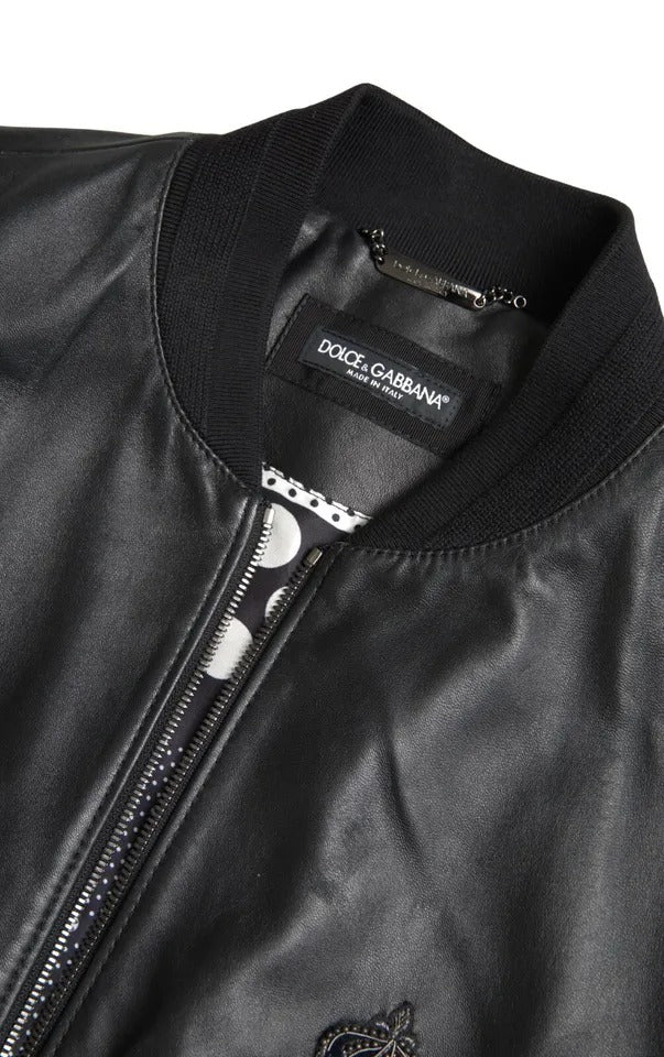 Dolce &amp; Gabbana Black leather jacket with logo embroidery and full zip