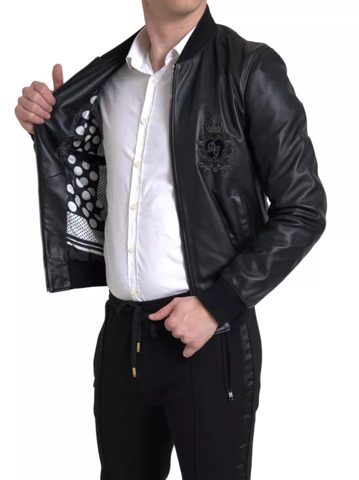 Dolce &amp; Gabbana Black leather jacket with logo embroidery and full zip