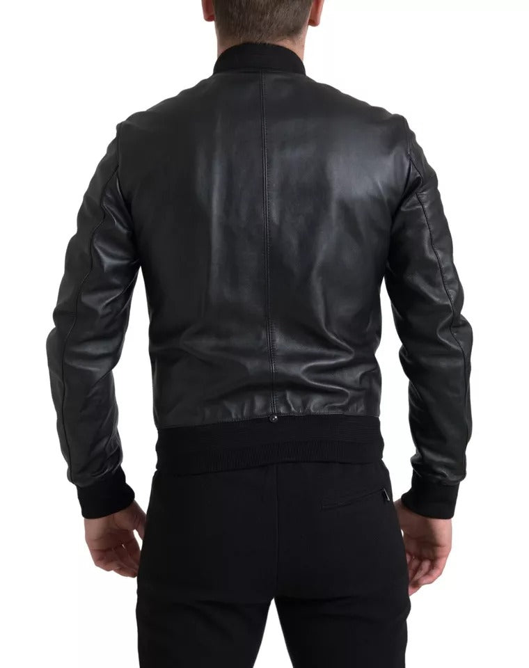 Dolce &amp; Gabbana Black leather jacket with logo embroidery and full zip