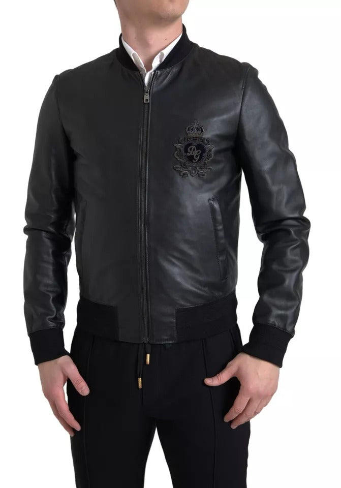 Dolce &amp; Gabbana Black leather jacket with logo embroidery and full zip