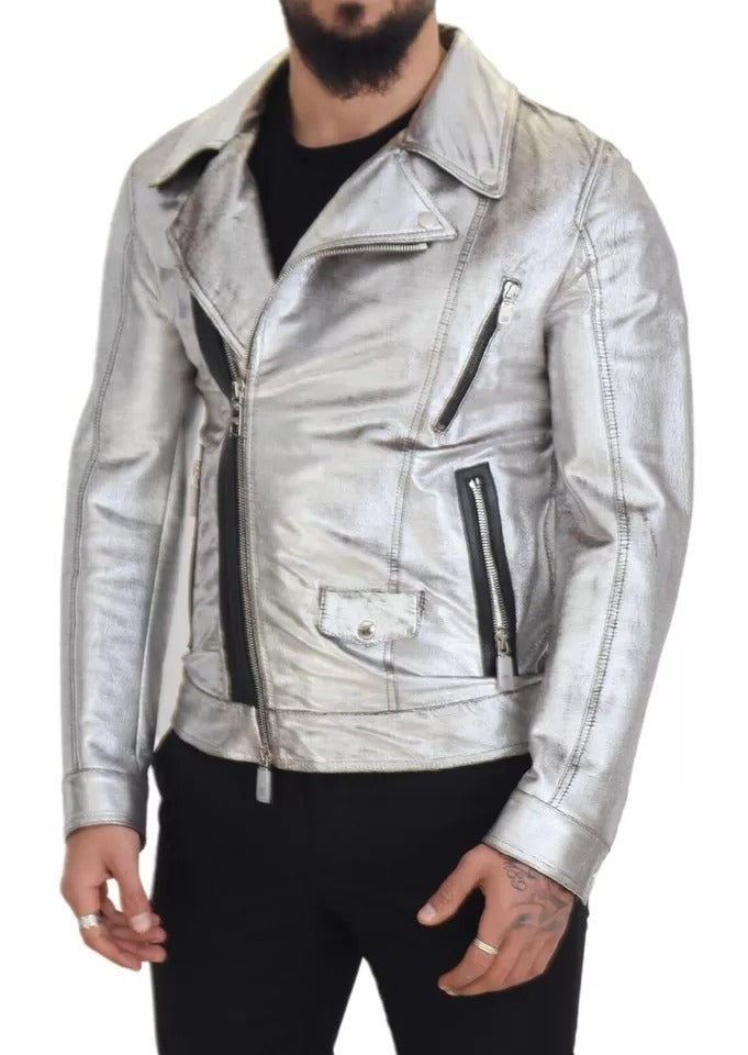 Dolce &amp; Gabbana Silver Leather Biker Coat Lambskin Jacket