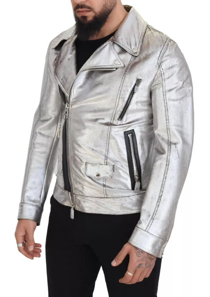 Dolce &amp; Gabbana Silver Leather Biker Coat Lambskin Jacket