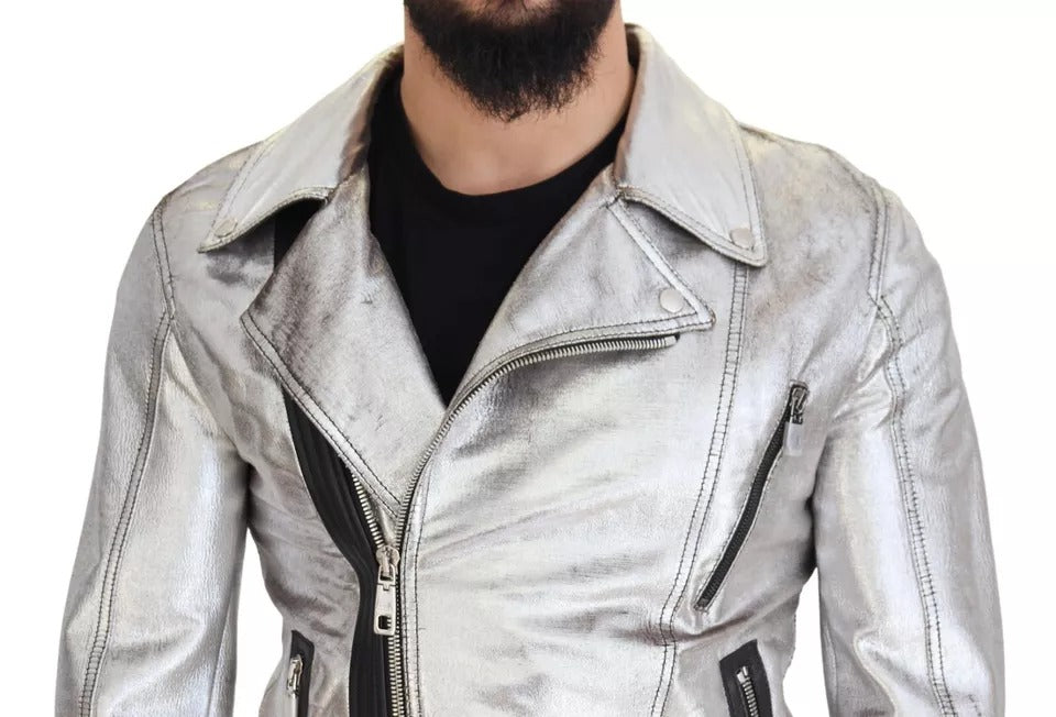 Dolce &amp; Gabbana Silver Leather Biker Coat Lambskin Jacket