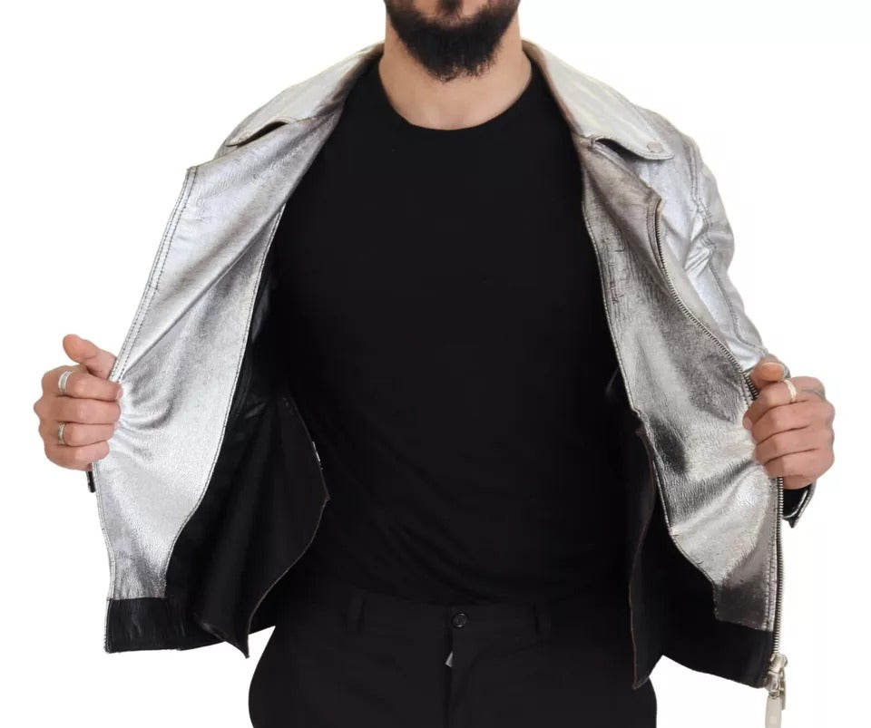 Dolce &amp; Gabbana Silver Leather Biker Coat Lambskin Jacket