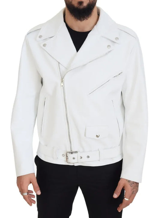 Dolce &amp; Gabbana White Leather Biker Coat Zipper Jacket