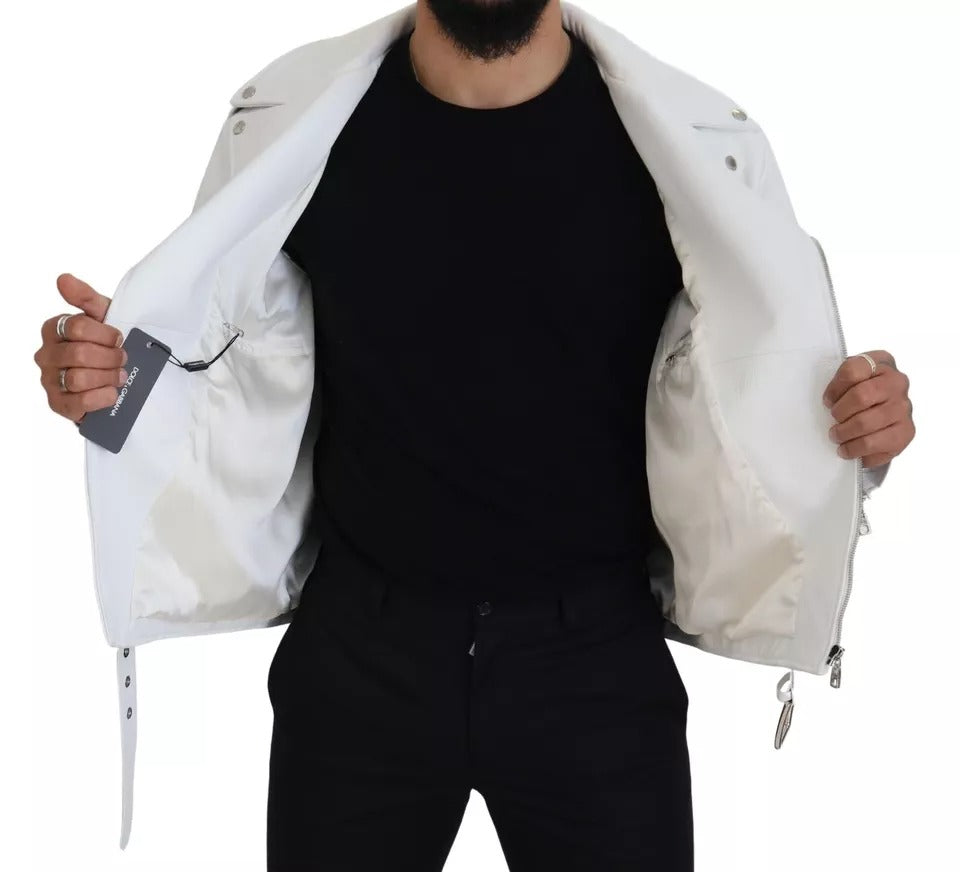 Dolce &amp; Gabbana White Leather Biker Coat Zipper Jacket