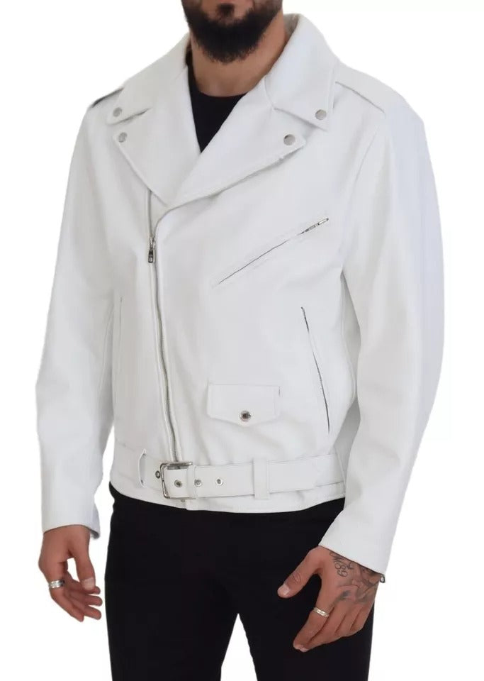 Dolce &amp; Gabbana White Leather Biker Coat Zipper Jacket