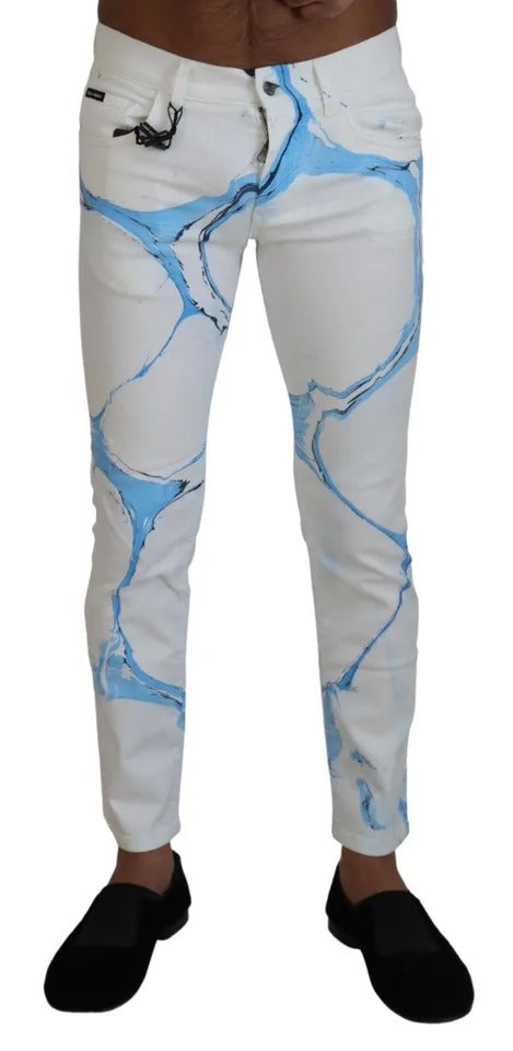 Dolce &amp; Gabbana White-Blue Cotton Skinny Denim Jeans