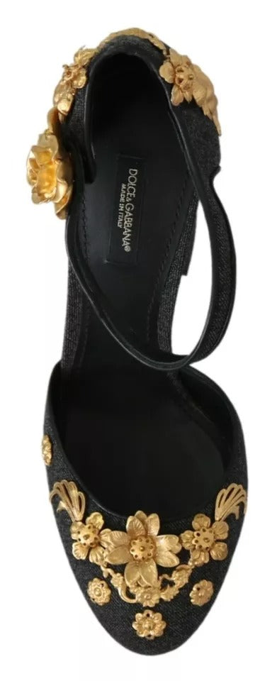 Dolce &amp; Gabbana Black Floral Angel Applique Ankle Strap Pumps Shoes