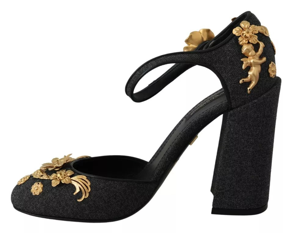 Dolce &amp; Gabbana Black Floral Angel Applique Ankle Strap Pumps Shoes