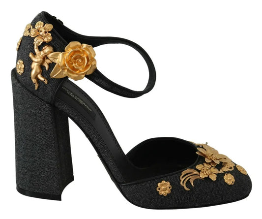 Dolce &amp; Gabbana Black Floral Angel Applique Ankle Strap Pumps Shoes