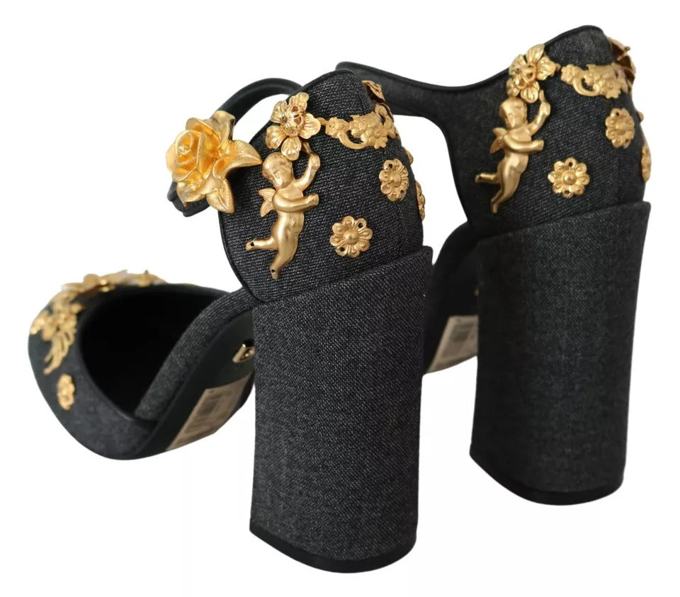 Dolce &amp; Gabbana Black Floral Angel Applique Ankle Strap Pumps Shoes