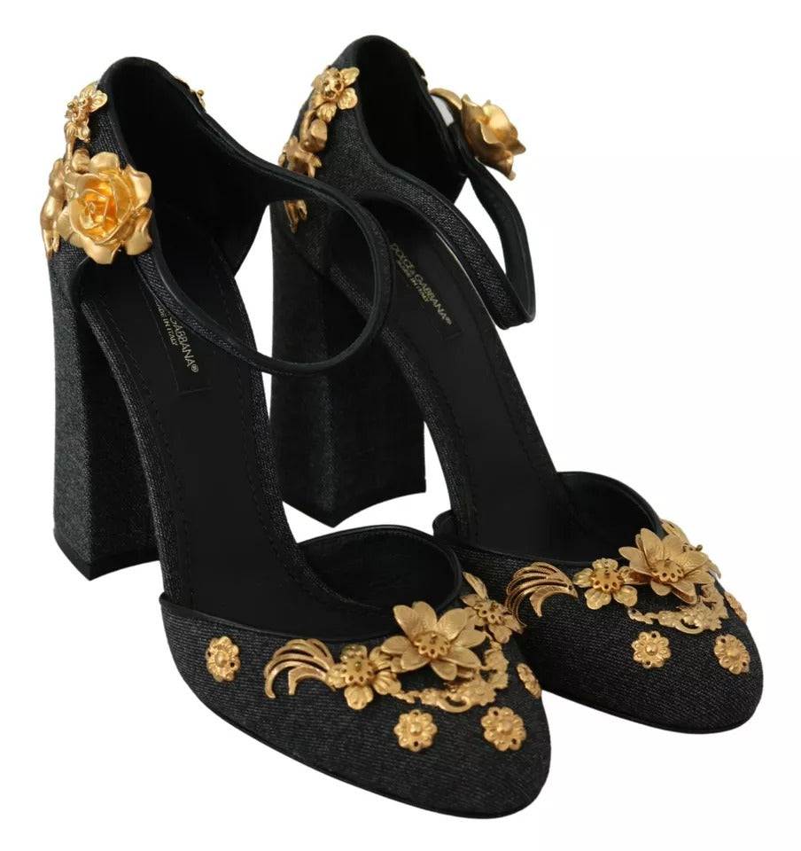 Dolce &amp; Gabbana Black Floral Angel Applique Ankle Strap Pumps Shoes