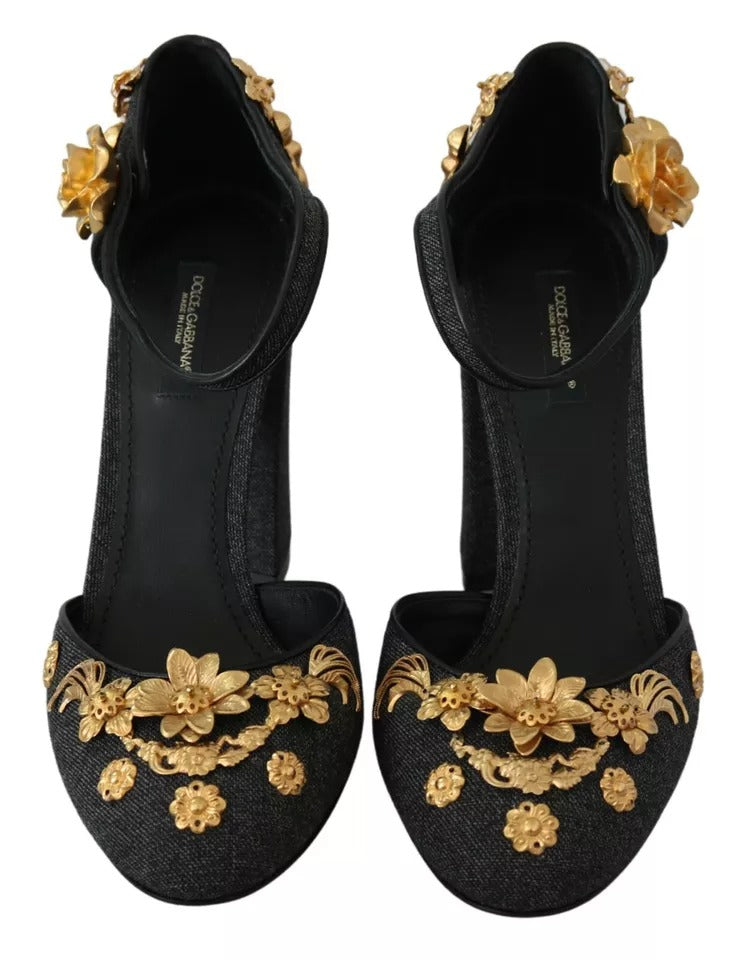 Dolce &amp; Gabbana Black Floral Angel Applique Ankle Strap Pumps Shoes