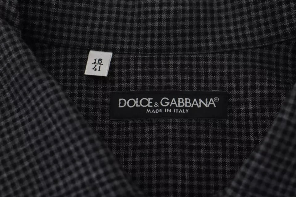 Dolce &amp; Gabbana Black Grey Checked Long Sleeve Collar Shirt Casual Shirt