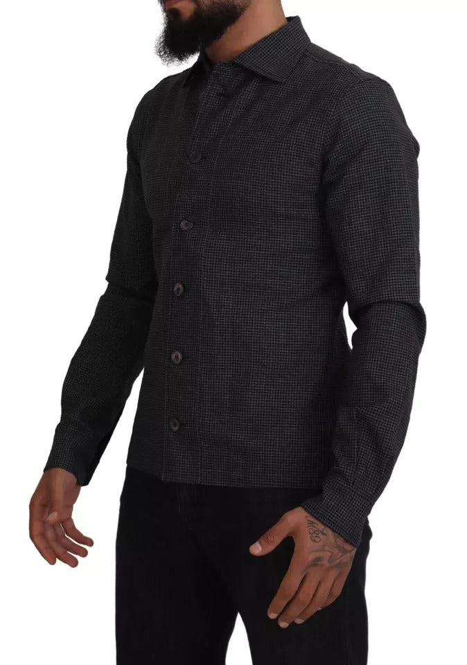 Dolce &amp; Gabbana Black Grey Checked Long Sleeve Collar Shirt Casual Shirt