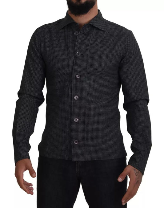 Dolce &amp; Gabbana Black Grey Checked Long Sleeve Collar Shirt Casual Shirt