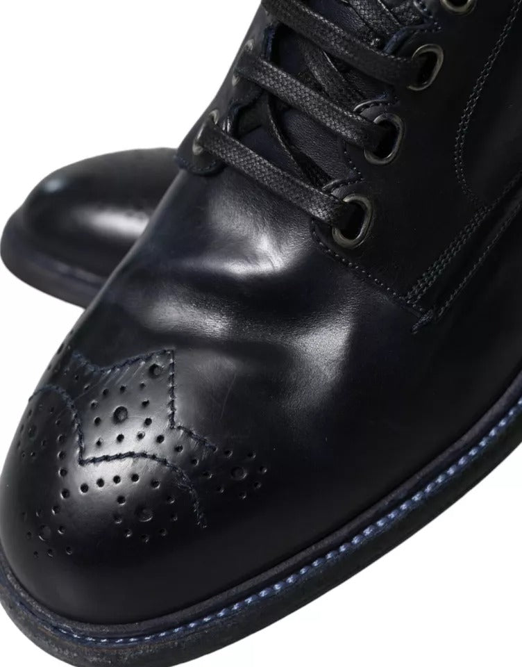 Dolce &amp; Gabbana Navy Blue Leather Lace Up Ankle Boots Shoes