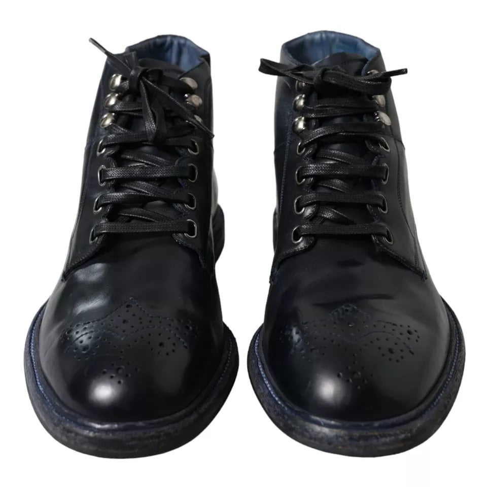 Dolce &amp; Gabbana Navy Blue Leather Lace Up Ankle Boots Shoes