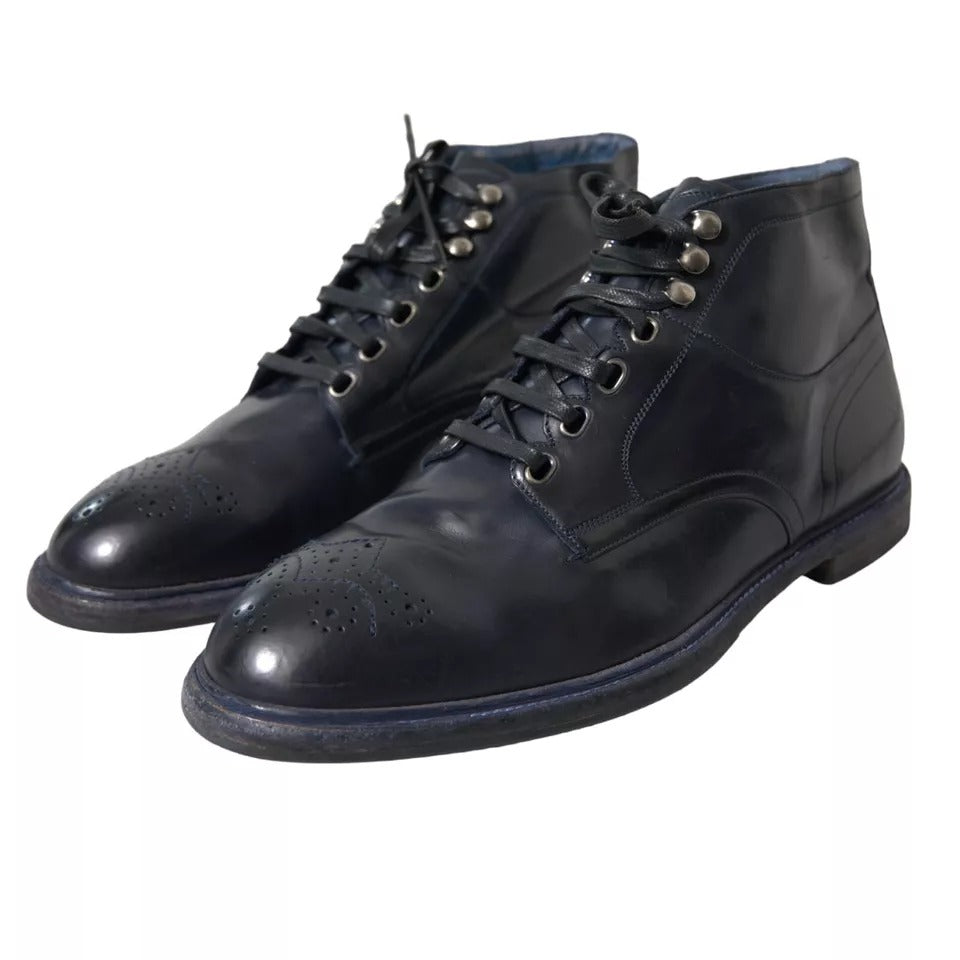 Dolce &amp; Gabbana Navy Blue Leather Lace Up Ankle Boots Shoes