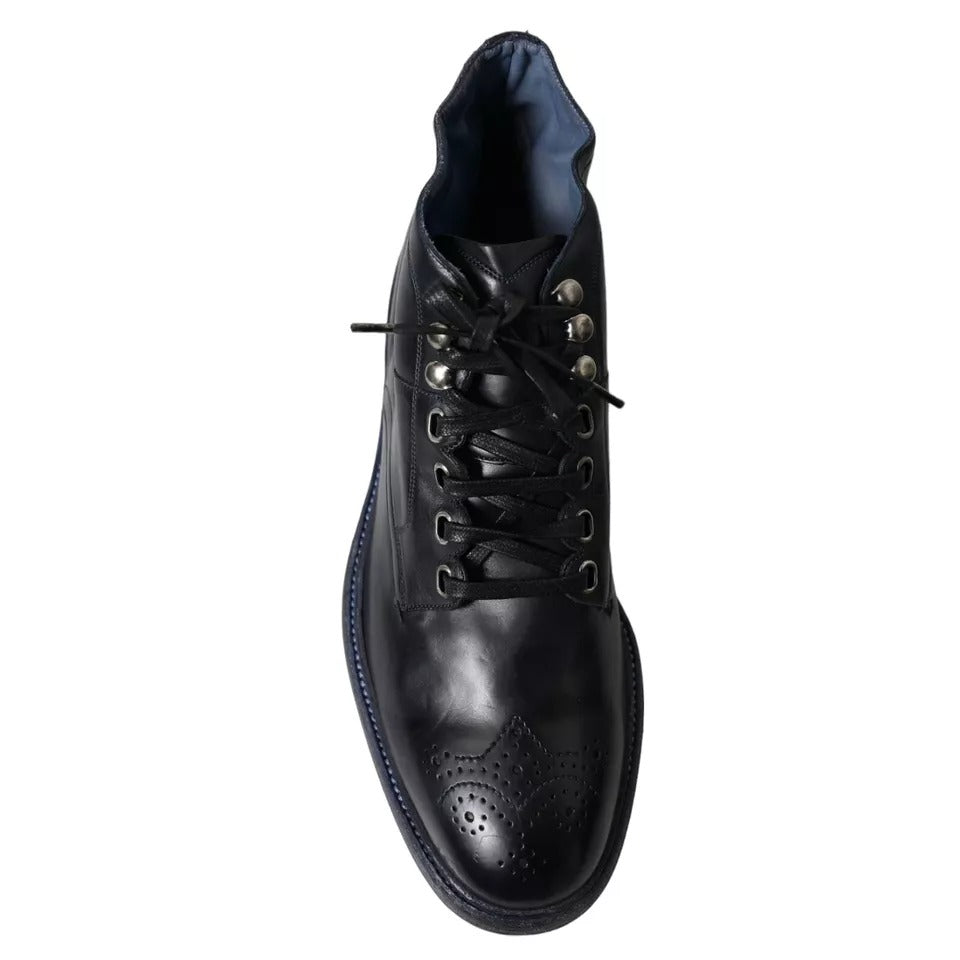 Dolce &amp; Gabbana Navy Blue Leather Lace Up Ankle Boots Shoes