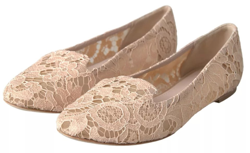 Dolce &amp; Gabbana Beige Floral Lace Loafers Flats Shoes