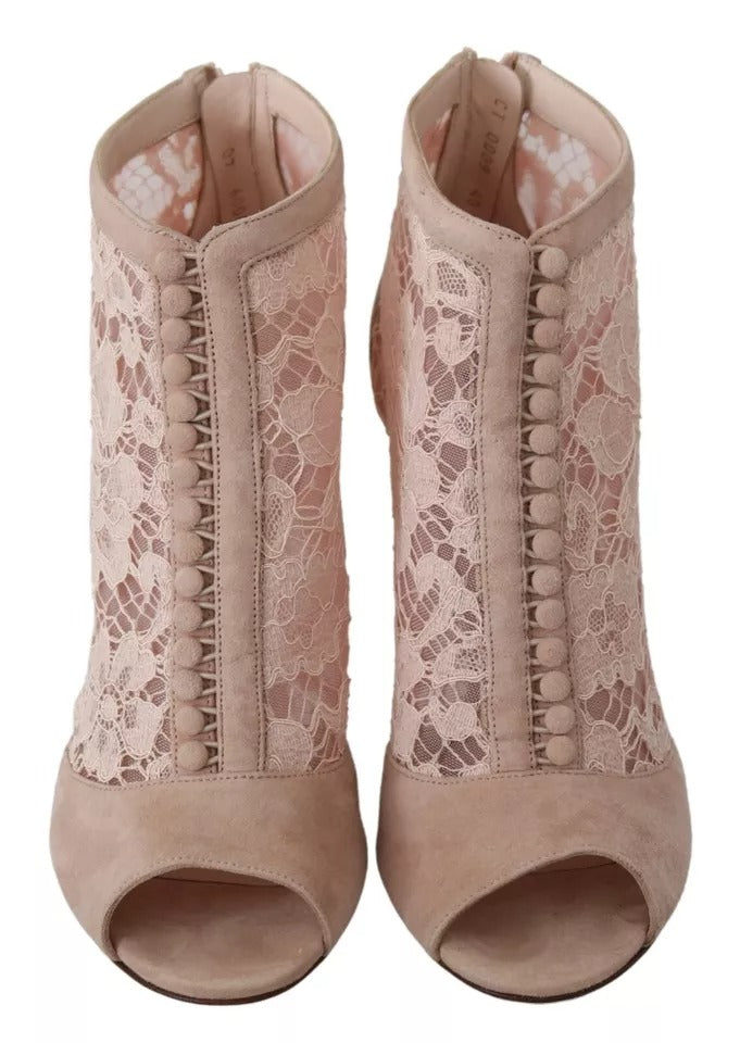 Dolce &amp; Gabbana Beige Lace Suede Peep Toe Ankle Boots Shoes