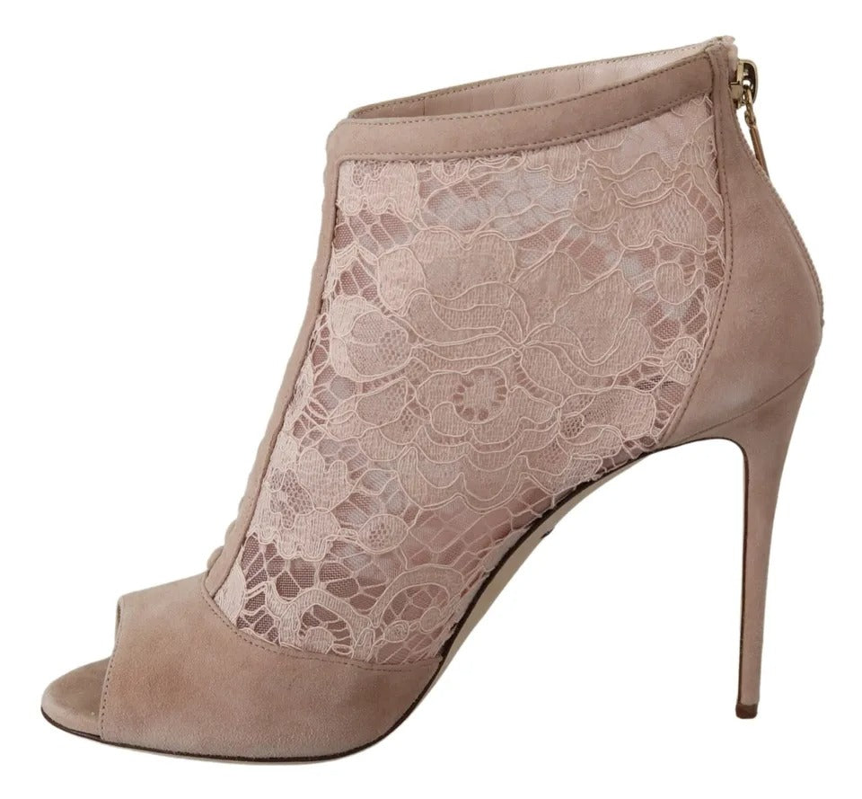 Dolce &amp; Gabbana Beige Lace Suede Peep Toe Ankle Boots Shoes