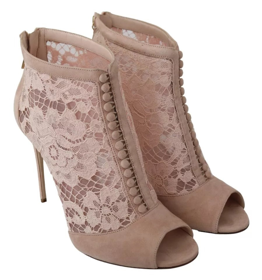 Dolce &amp; Gabbana Beige Lace Suede Peep Toe Ankle Boots Shoes