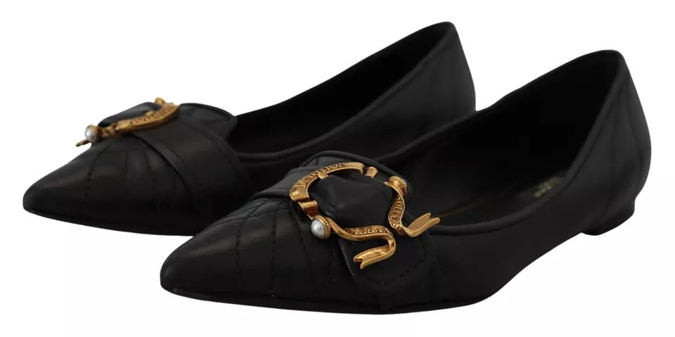 Dolce &amp; Gabbana Black Devotion Leather Pointed Flats Shoes