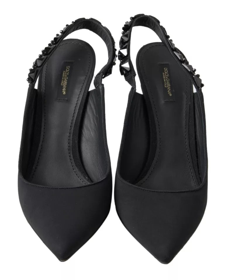 Dolce &amp; Gabbana Black Embellished Charmeuse Slingback Heels Shoes