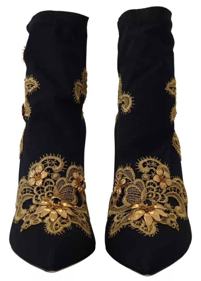 Dolce &amp; Gabbana Black Gold Embroidery Slip On Boots Shoes