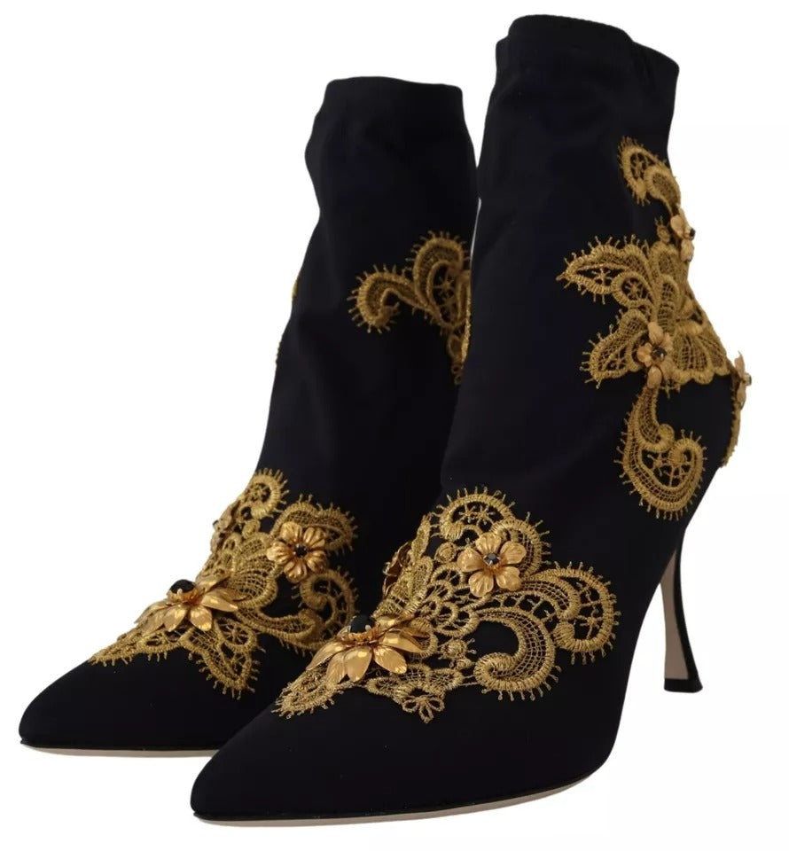 Dolce &amp; Gabbana Black Gold Embroidery Slip On Boots Shoes