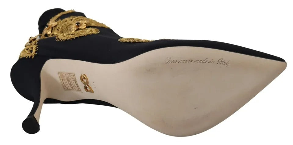 Dolce &amp; Gabbana Black Gold Embroidery Slip On Boots Shoes