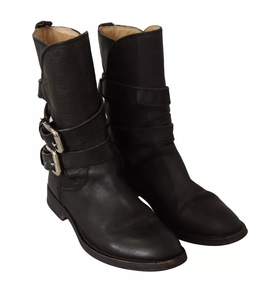 Dolce &amp; Gabbana Black Leather Buckle Mid Calf Boots Shoes