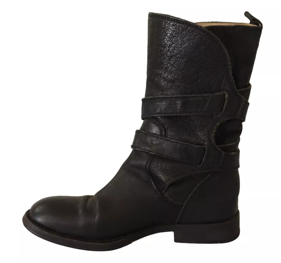 Dolce &amp; Gabbana Black Leather Buckle Mid Calf Boots Shoes