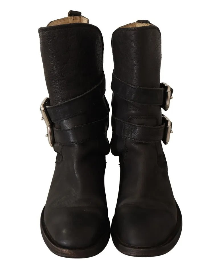 Dolce &amp; Gabbana Black Leather Buckle Mid Calf Boots Shoes