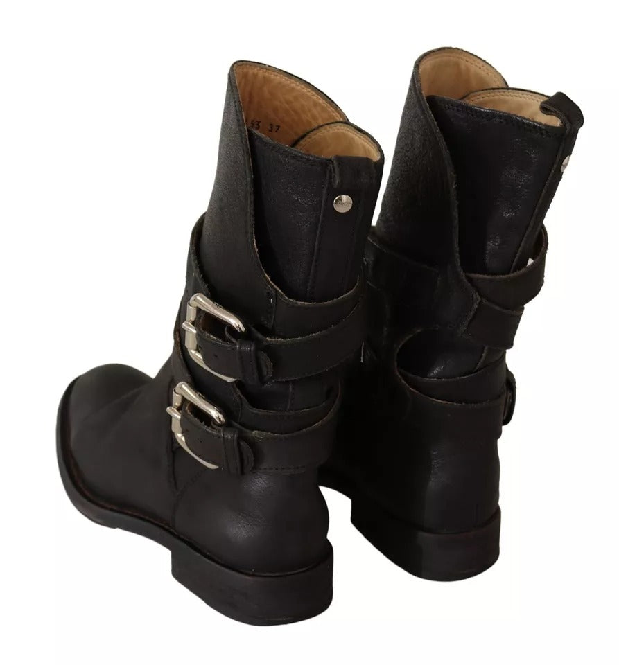 Dolce &amp; Gabbana Black Leather Buckle Mid Calf Boots Shoes